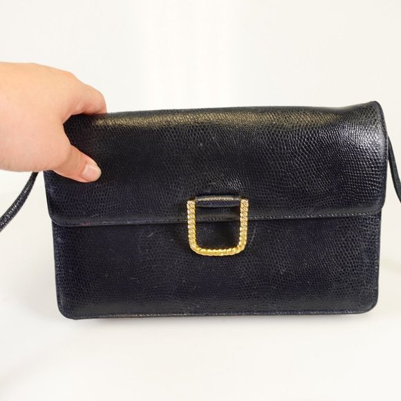 GIVENCHY Bag Leather Crossbody Purse Small Lizard VINTAGE Rare Dark Black Navy - Picture 4 of 12